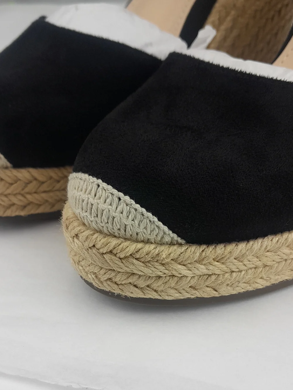 Fisace Espadrille Black Tan Closed Toe Strap Wedge Heels